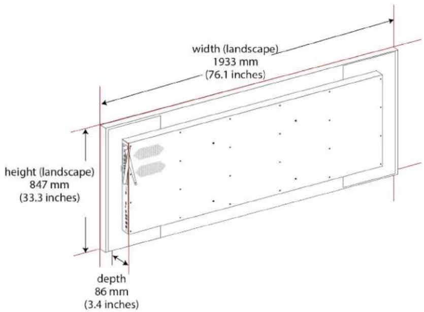 width (landscape) 1933 mm (76.1 inches) height (landscape) 847 mm (33.3 inches) depth 86 mm (3.4 inches)