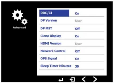 DDC/CI On DP Version User DP MST Off Clone Display On HDMI Version User Network Control Off OPS Signal On Sleep Timer Minutes 30