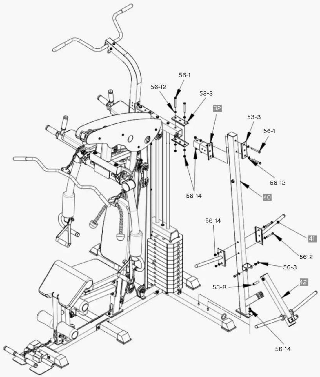 Technical diagram of a mechanical exercise machine with labeled components such as 56-1, 56-2, and 53-8.