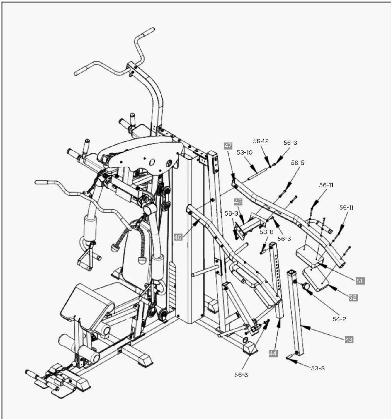 Technical diagram of a mechanical exercise machine with numbered components and directional arrows indicating motion or assembly.