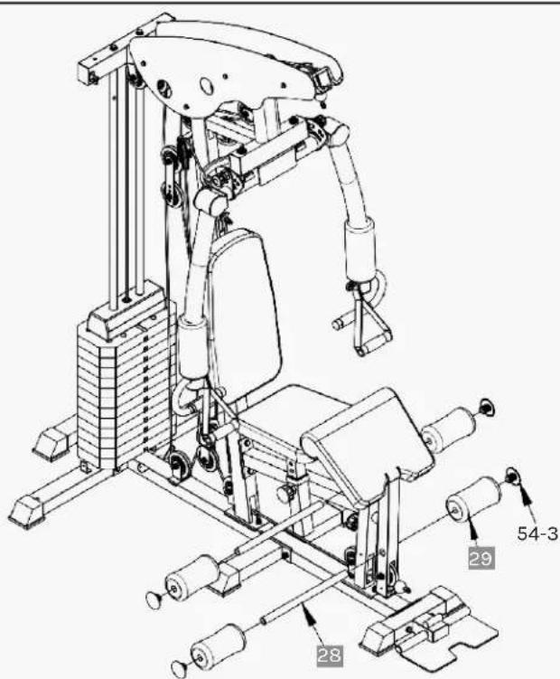 Technical diagram of a mechanical exercise machine with numbered parts and labeled parts