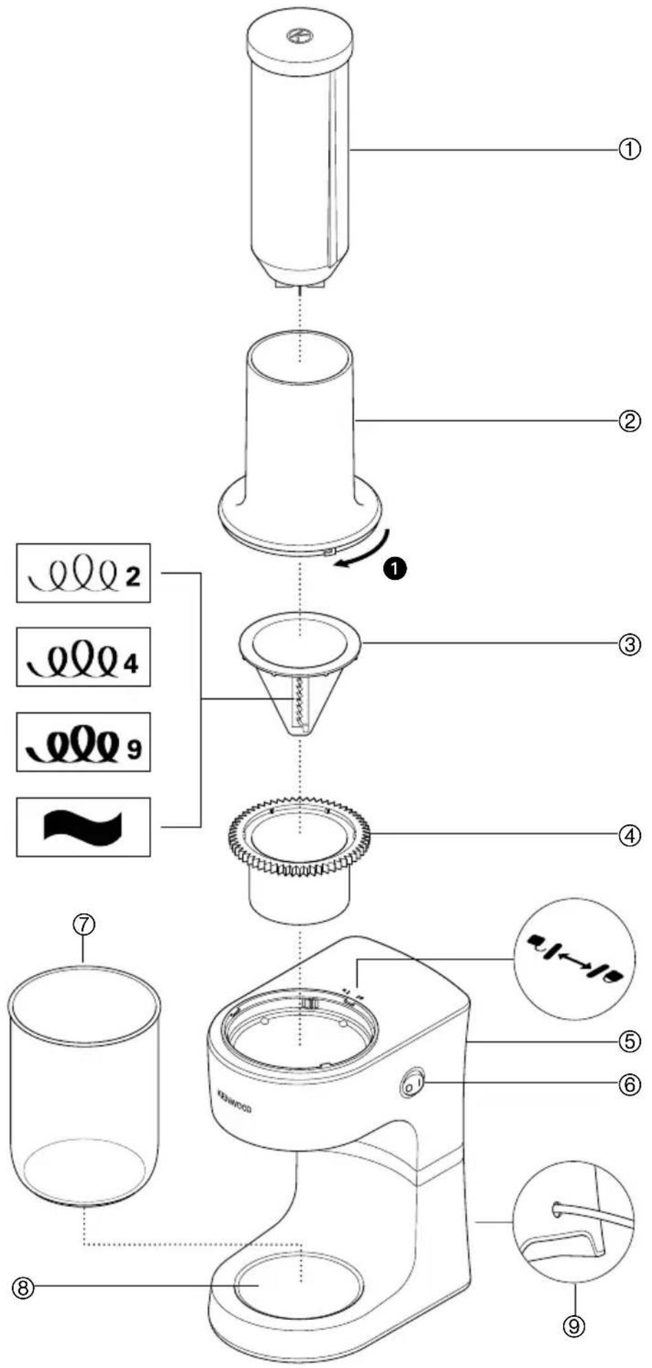 Exploded view diagram of a KSWOOD kitchen appliance with numbered parts and component labels