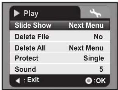 Play Slide Show Next Menu Delete File No Delete All Next Menu Protect Single Sound 5 : Exit OK