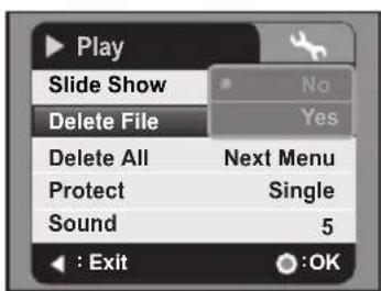 Play Slide Show Delete File Delete All Next Menu Protect Single Sound 5 : Exit OK