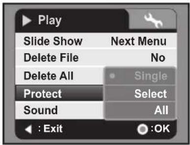 Play Slide Show Next Menu Delete File No Delete All Single Protect Select Sound All : Exit OK