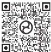 QR code with a central circular logo containing a stylized white animal or symbol.