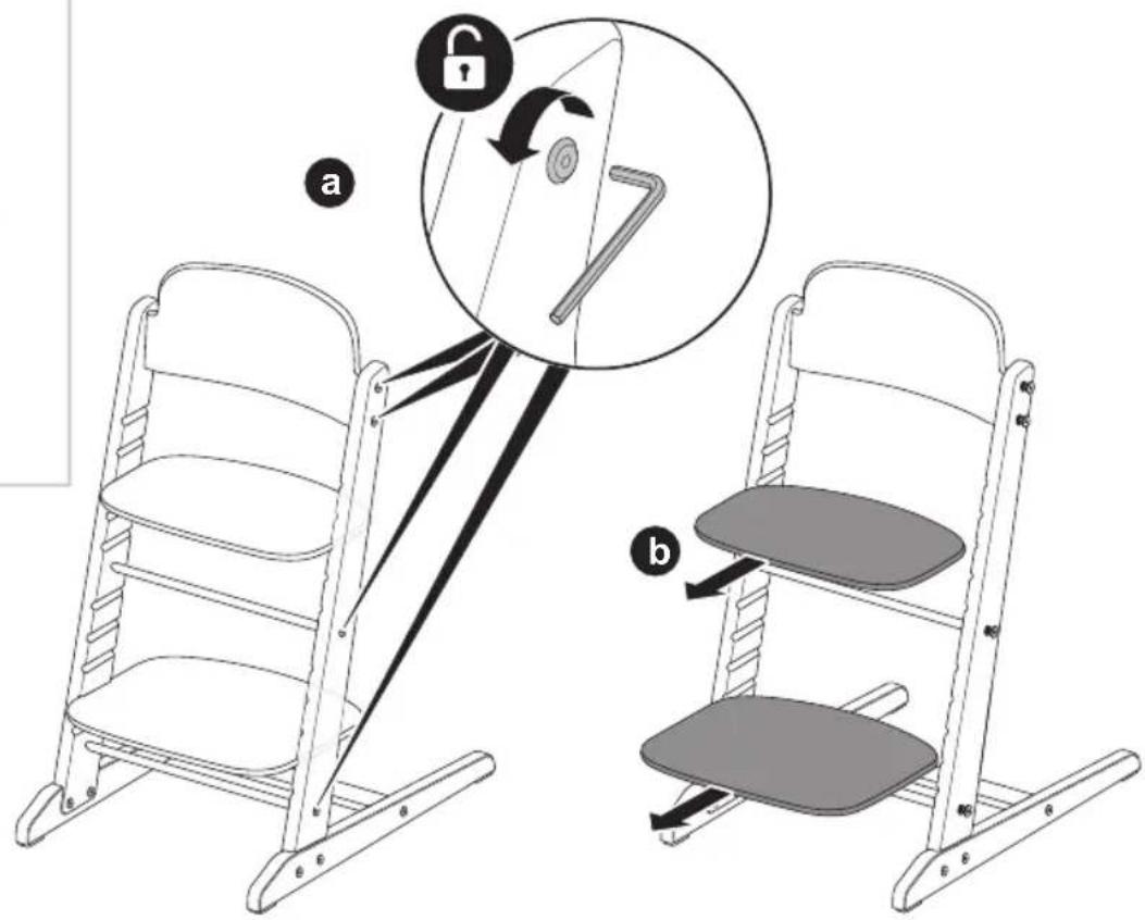 Diagram illustrating the step-by-step folding of a chair with lock and lock icon, showing structural change from left to right.