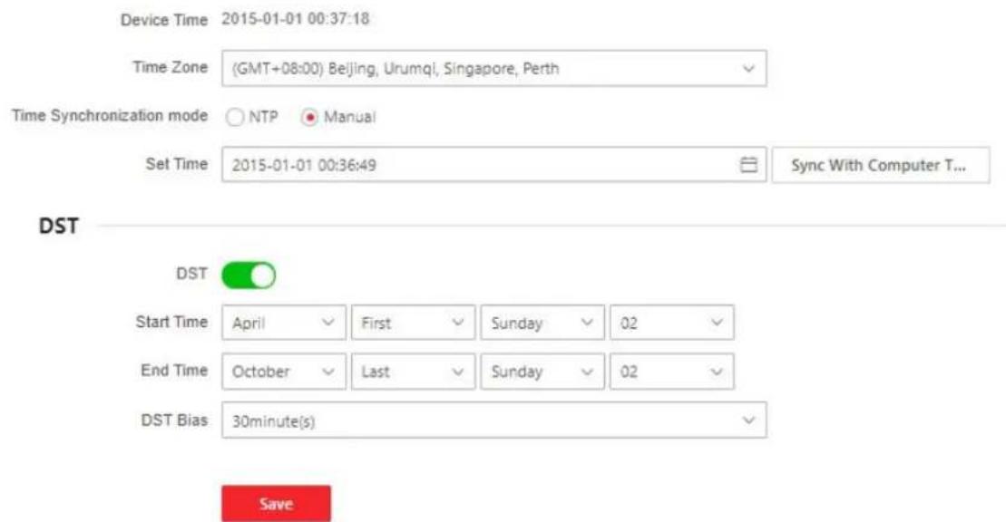 Device Time 2015-01-01 00:37:18 Time Zone (GMT+08:00) Beijing, Urumqi, Singapore, Perth Time Synchronization mode NTP Manual Set Time 2015-01-01 00:36:49 Sync With Computer T... DST DST Start Time April First Sunday 02 End Time October Last Sunday 02 DST Bias 30minute(s) Save