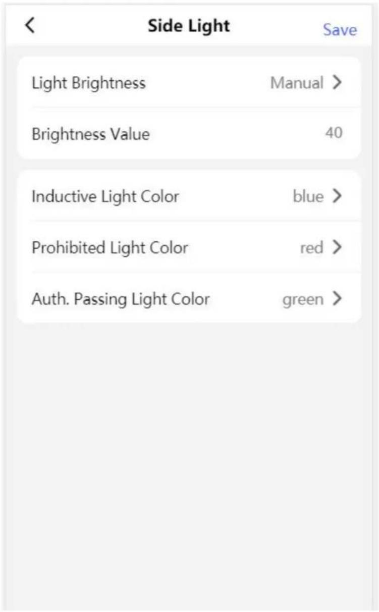 Side Light Save Light Brightness Manual > Brightness Value 40 Inductive Light Color blue > Prohibited Light Color red > Auth. Passing Light Color green >