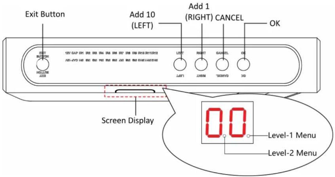 Exit Button Add 10 (LEFT) Add 1 (RIGHT) CANCEL OK EXIT BUTTON HOLLOW ADD 12V CAP OR1 OR2 OR3 OR4 OR5 OR6 OR7 OR8 OR9 OR10 OR11 OR12 DISCKR15 RPS 800 801 802 803 804 805 806 807 808 809 810 811 812 Screen Display Level-1 Menu Level-2 Menu