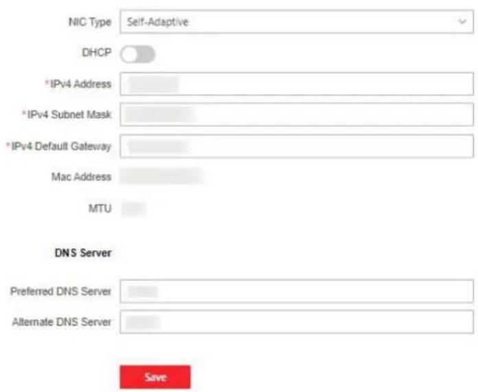 NIC Type Self-Adaptive DHCP *IPv4 Address *IPv4 Subnet Mask *IPv4 Default Gateway Mac Address MTU DNS Server Preferred DNS Server Alternate DNS Server Save