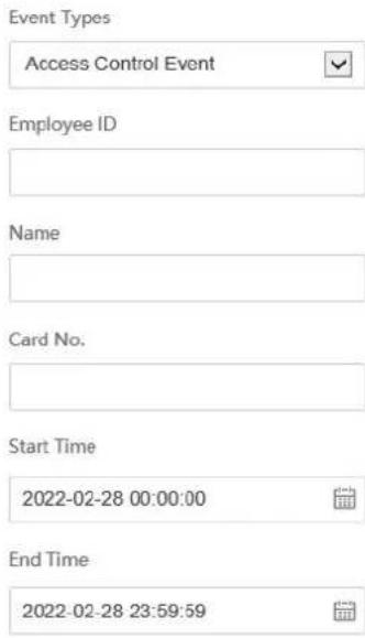 Event Types Access Control Event Employee ID Name Card No. Start Time 2022-02-28 00:00:00 End Time 2022-02-28 23:59:59