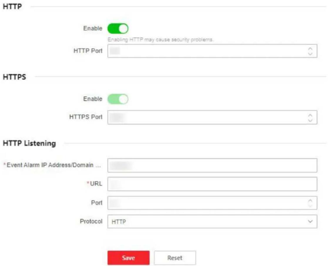HTTP Enable Enabling HTTP may cause security problems. HTTP Port HTTPS Enable HTTPS Port HTTP Listening * Event Alarm IP Address/Domain ... * URL Port Protocol HTTP Save Reset