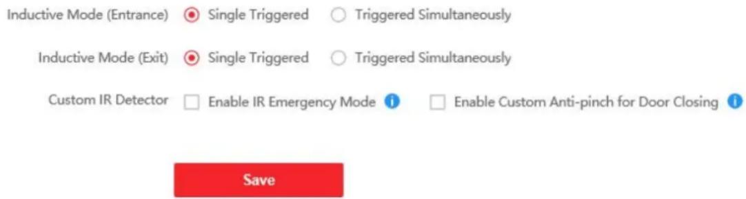 Inductive Mode (Entrance) ● Single Triggered ○ Triggered Simultaneously Inductive Mode (Exit) ● Single Triggered ○ Triggered Simultaneously Custom IR Detector □ Enable IR Emergency Mode i □ Enable Custom Anti-pinch for Door Closing i Save