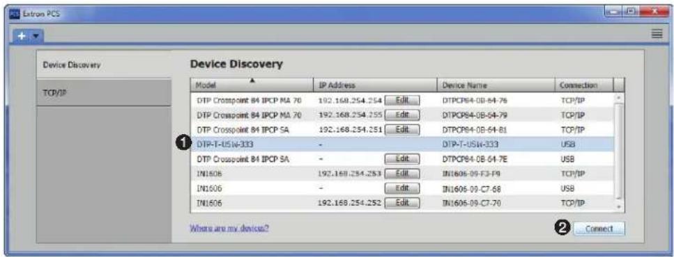Extron PCS Device Discovery Model IP Address Device Name Connection DTP Crosspoint 84 IPCP MA 70 192.168.254.254 Edit DTPCP84-0B-64-76 TCP/IP DTP Crosspoint 84 IPCP MA 70 192.168.254.255 Edit DTPCP84-0B-54-79 TCP/IP DTP Crosspoint 84 IPCP SA 192.168.254.251 Edit DTPCP84-0B-64-81 TCP/IP DTP-T-USW-333 - DTP-T-USW-333 USB DTP Crosspoint 84 IPCP SA - Edit DTPCP84-0B-64-7E USB IN1606 192.168.254.253 Edit.IN1606-09-F3-F9 TCP/IP IN1606 - Edit.IN1606-09-C7-68 USB IN1606 192.168.254.252 Edit.IN1606-09-C7-70 TCP/IP Where are my devices? Connect