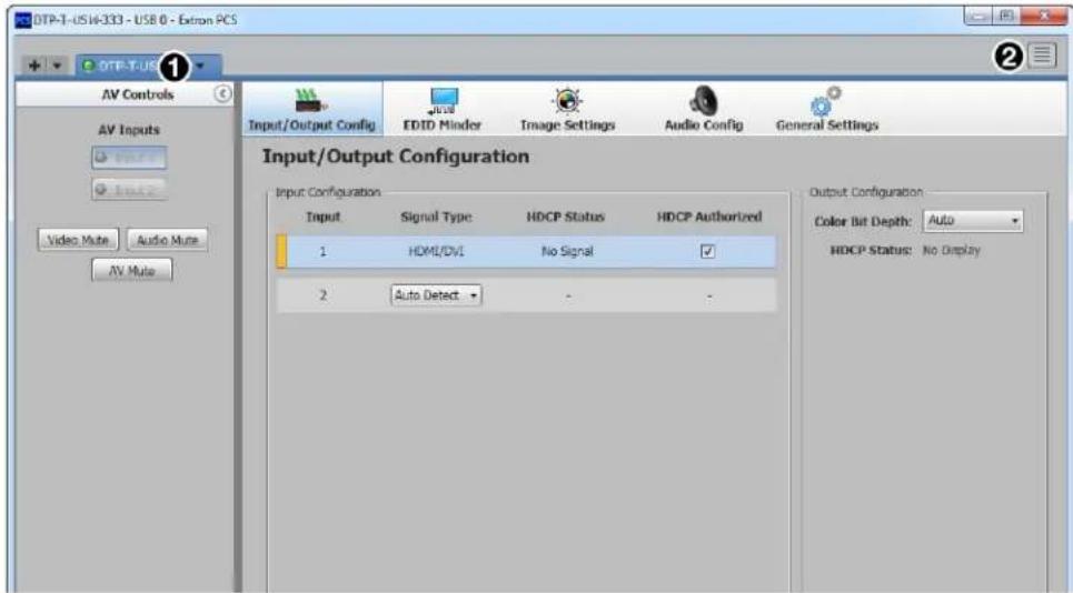 DTP-T-US 6.333 - USB 0 - Extron PCS AV Controls Input/Output Config EDID Minder Image Settings Audio Config General Settings Input/Output Configuration Input Configuration Input Signal Type HDCP Status HDCP Authorized 1 HOME/DVI No Signal 2 Auto Detect Output Configuration Color Bit Depth: Auto HDCP Status: No Display