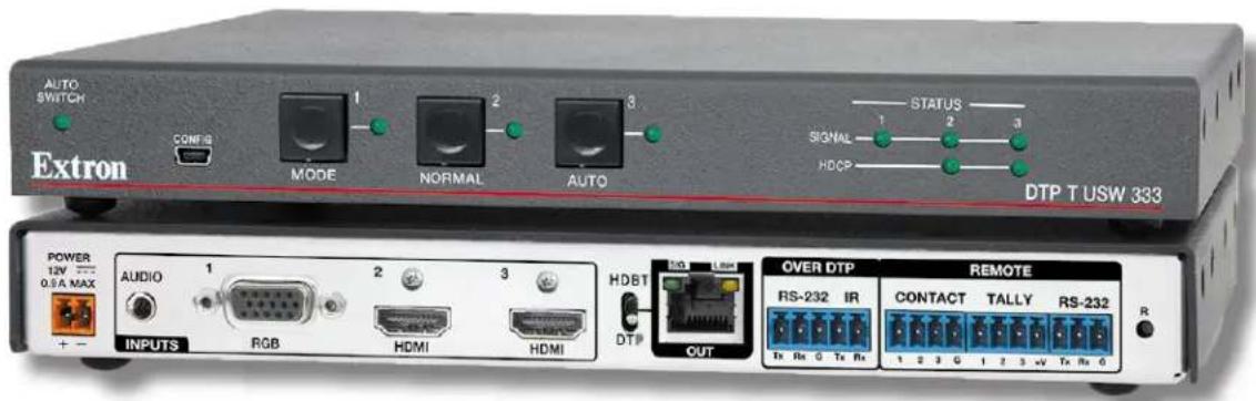 AUTO SWITCH Extron CONFIG MODE NORMAL AUTO STATUS 1 2 3 SIGNAL HDCP DTP T USW 333 POWER 12V --- 0.8A MAX AUDIO INPUTS RGB HDMI HDMI HDBT DTP OUT OVER DTP RS-232 IR CONTACT TALLY RS-232 Tx Rx G Tx Rx 1 2 3 G 1 2 3 wV Tx Rx 6 REMOTE R