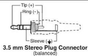 Tip (+) Ring (-) Sleeve (-) 3.5 mm Stereo Plug Connector (balanced)
