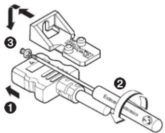 Technical diagram of a mechanical assembly with labeled parts and directional arrows indicating motion or assembly.