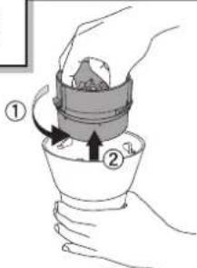Diagram showing a hand pouring liquid into a container with labeled steps ① and ②, indicating a process or procedure.