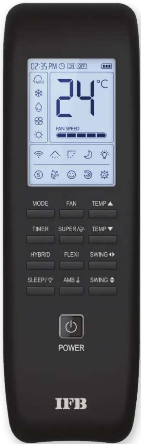 02:35 PM ON OFF AUTO 24°C FAN SPEED MODE FAN TEMP▲ TIMER SUPER/TEMP▼ HYBRID FLEXI SWING◀ SLEEP/AMB SWING ◆ POWER IFB