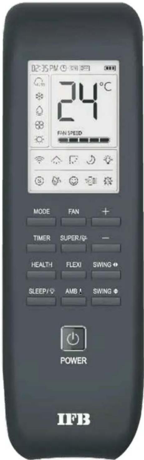 02:35 PM 24°C FAN SPEED MODE FAN + TIMER SUPER/- HEALTH FLEXI SWING SLEEP/ AMB SWING POWER IFB