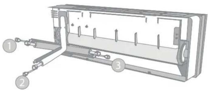 Technical diagram of a device with labeled components, showing internal structure and assembly steps