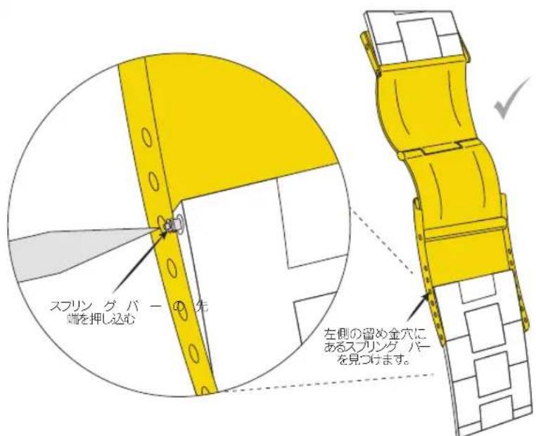 スリング パー 端を押し込心 左側の習め金穴に あるスリング パー を見つけます。