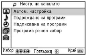 Настр. на каналите Автом. настройка Подреждане на програми Надписване на програми Програма ръчен избор Избор Потвържд Край
