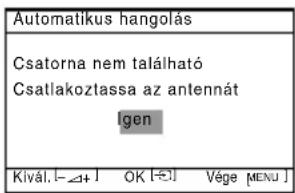 Automatikus hangolás Csatorna nem található Csatlakoztassa az antennát Igen Kivál. [—] OK [—] Vége [MENU]