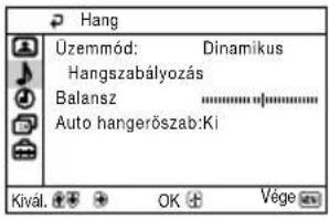 Hang Üzemmód: Dinamikus Hangszabályozás Balansz Auto hangerőszab:Ki Kivál. OK Vége