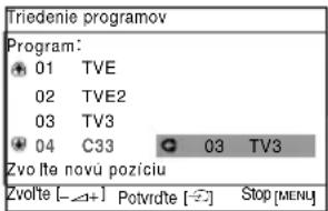 Triedenie programov Program: 01 TVE 02 TVE2 03 TV3 04 C33 03 TV3 Zvo tfe novu poziciu Zvolte [-Δ+] Potvrzte [-E] Stop [MENU]