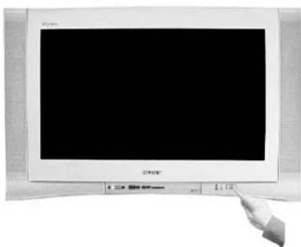 White CRT television monitor with a black screen and control buttons, no visible text or symbols on the screen or background.