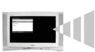Illustration of a computer monitor with sound waves projecting onto screen (no text or symbols)