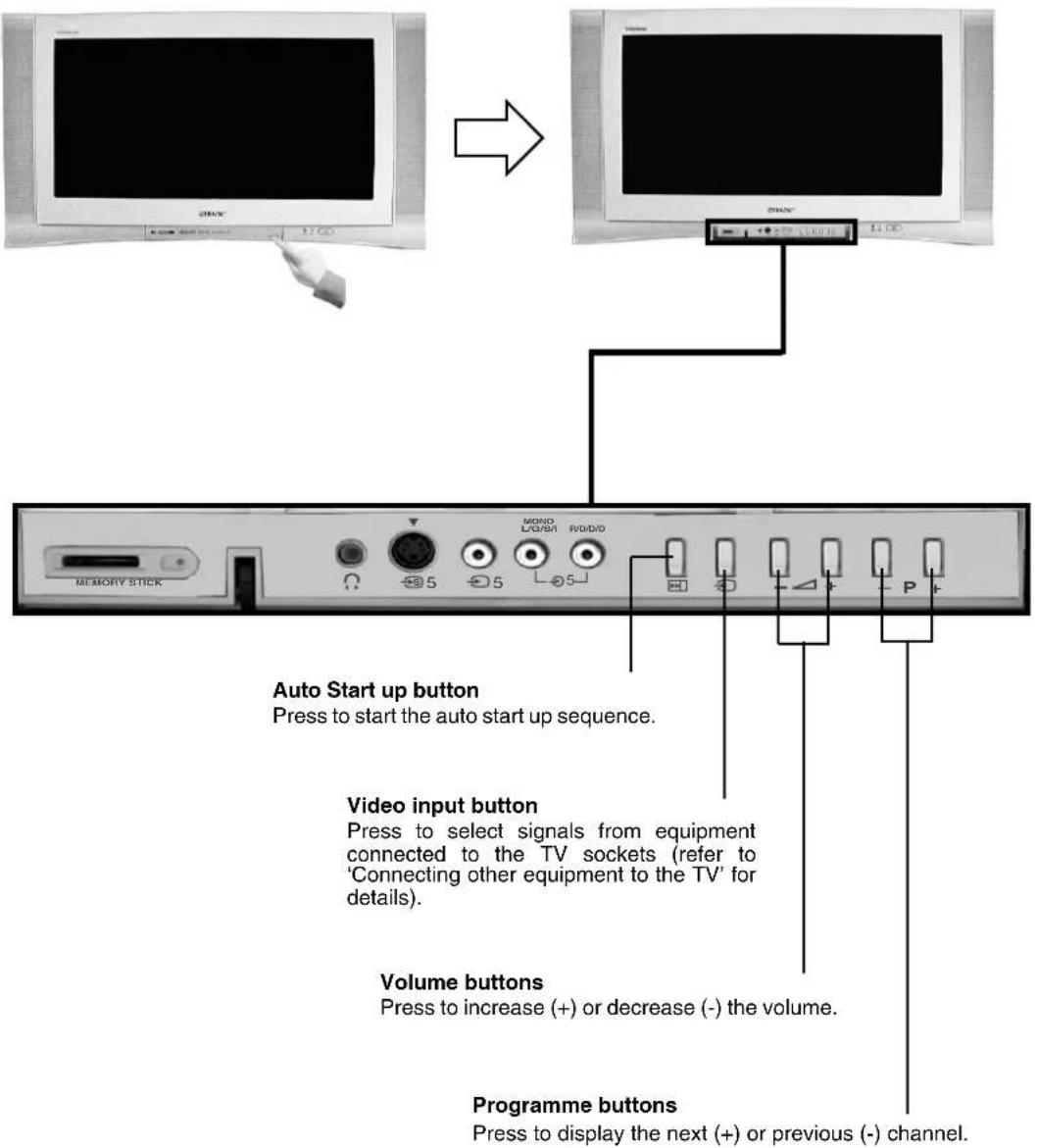 Auto Start up button Press to start the auto start up sequence. Video input button Press to select signals from equipment connected to the TV sockets (refer to 'Connecting other equipment to the TV' for details). Volume buttons Press to increase (+) or decrease (-) the volume. Programme buttons Pres…