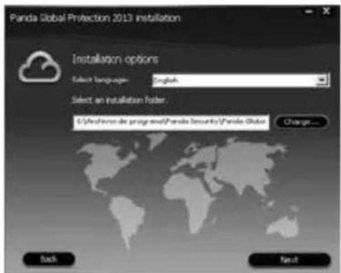 Panda Global Protection 2013 installation Installation options Select languages: English Select an installation folder. E:\Archives de programmable security\Panda Global Change... Back Next