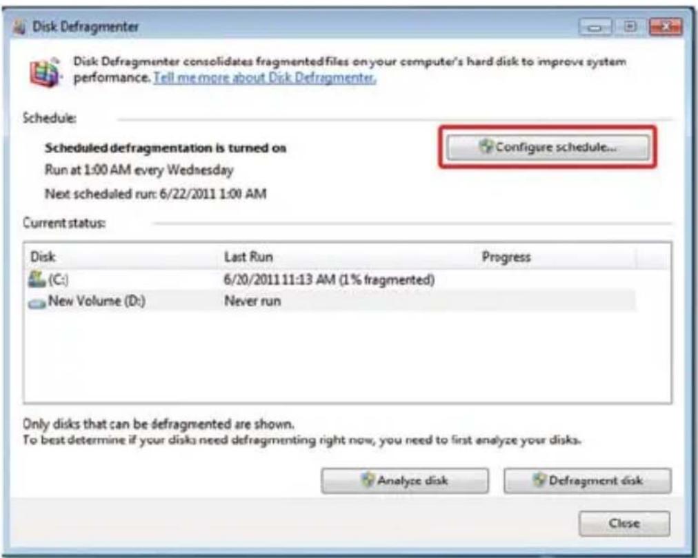 Disk Defragmenter Disk Defragmenter consolidates fragmented files on your computer's hard disk to improve system performance. Tell me more about Disk Defragmenter. Schedule: Scheduled defragmentation is turned on Run at 1:00 AM every Wednesday Next scheduled run: 6/22/2011 1:00 AM Current status: Disk Last Run Progress (C:) 6/20/2011 11:13 AM (1% fragmented) New Volume (D:) Never run Only disks that can be defragmented are shown. To best determine if your disks need defragmenting right now, you need to first analyze your disks. Analyze disk Defragment disk Close