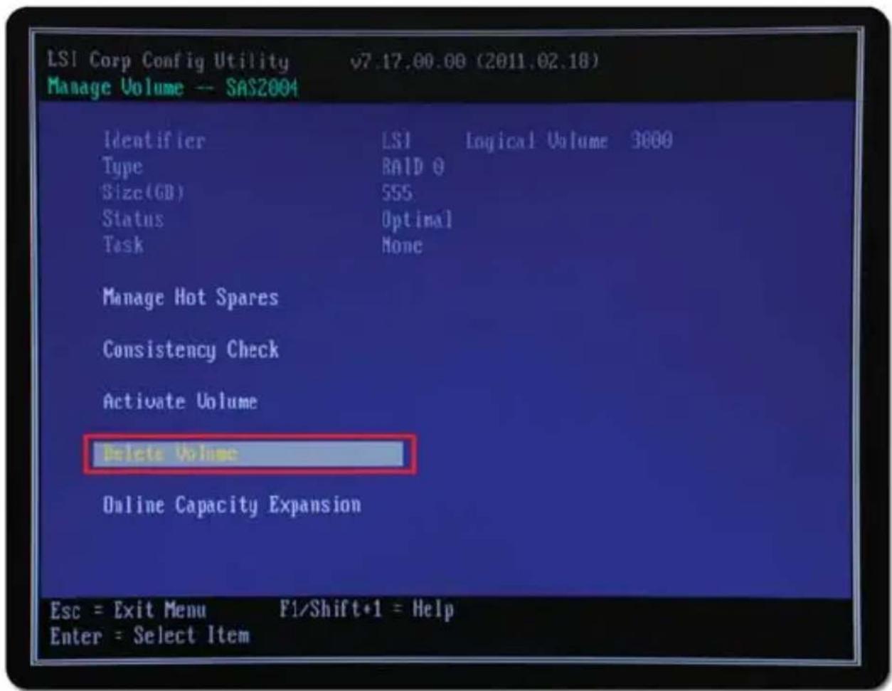 LSI Corp Config Utility v7.17.00.00 (2011.02.18) Manage Volume -- SASZ004 Identifier LSI Logical Volume 3000 Type RAID Q Size(GB) SSS Status Optimal Task None Manage Hot Spares Consistency Check Activate Volume Delete Volume Online Capacity Expansion Esc = Exit Menu F1/Shift+1 = Help Enter = Select Item
