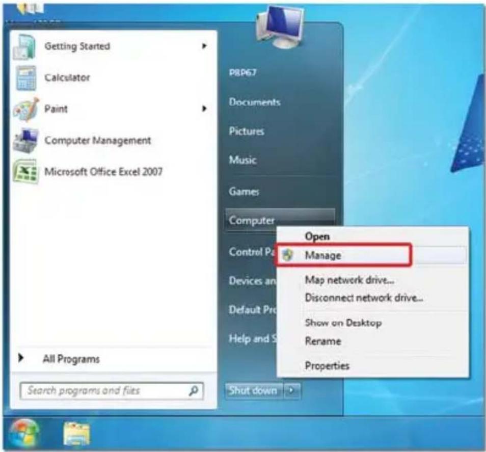 Getting Started Calculator Paint Computer Management Microsoft Office Excel 2007 P8P67 Documents Pictures Music Games Computer Control Pe All Programs Search programs and files Open Manage Map network drive... Disconnect network drive... Show on Desktop Rename Properties