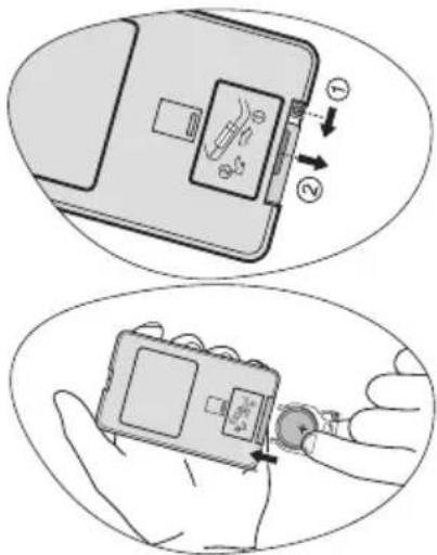 Diagram showing two steps of inserting a device into a device, with numbered instructions and hand gestures.