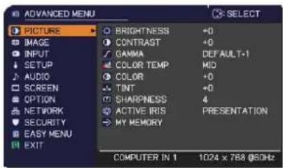 ADANCED MENU PICTURE ● BRIGHTNESS +0 ○ CONTRAST +0 √ GAMMA DEFAULT-1 ● COLOR TEMP MD ○ COLOR +0 ○ TINT +0 ○ SHARPNESS 4 ● ACTIVE IRIS PRESENTATION → MY MEMORY COMPUTER IN 1 1024 x 768 @60Hz