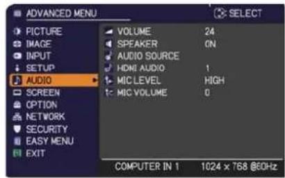 ADVANCED MENU PICTURE IMAGE INPUT SETUP AUDIO SCREEN OPTION NETWORK SECURITY EASY MENU EXIT VOLUME 24 SPEAKER ON AUDIO SOURCE HDMI AUDIO 1 MIC LEVEL HIGH MIC VOLUME 0 COMPUTER IN 1 1024 x 768 @60Hz
