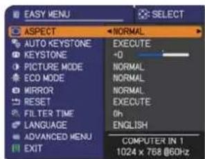 EASY MENU ASPECT AUTO KEYSTONE KEYSTONE PICTURE MODE ECO MODE MIRROR RESET FILTER TIME LANGUAGE ADVANCED MENU EXIT NORMAL EXECUTE +0 NORMAL NORMAL NORMAL EXECUTE 0h ENGLISH COMPUTER IN 1 1024 x 768 @60Hz
