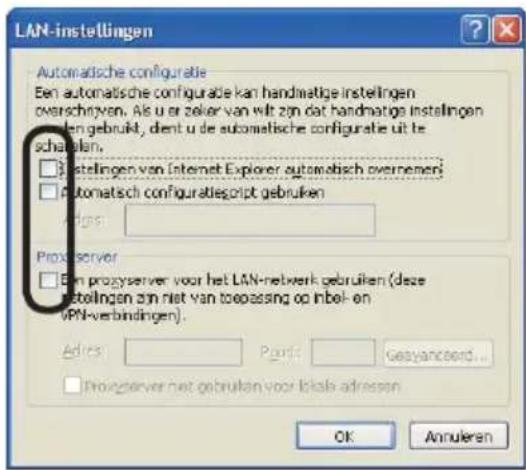 LAN-instellingen Automatische configuratie Een automatische configuratie kan handmatige instellingen overschrijven. Als u er zeker van wilt zijn dat handmatige instellingen den gebruikt, dient u de automatische configuratie uit te schafplan. □ Instellingen van Internet Explorer automatisch overnemen □ Automatisch configuratiescript gebruiken Progserver □ Ein progserver voor het LAN-netwerk gebruiken (dze instellingen zijn niet van toepassing op inbel- en VPN-verbindingen). Adres: Pond: Gesyanserd... □ Progserver het gebruiken voor lokale adressen OK Annularen