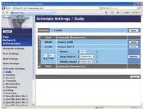 Schedule Settings / Daily Schedule > Schedule Time Command [Parameter] 10:00 Power [10V] 2:00 Power [10V] Power [usr] Input Source [controller or] Display Input [usr type] Time Command [Parameter] Install