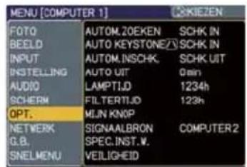 MENU [COMPUTER 1] KIEZEN FOTO AUTOM.ZOEKEN SCHK.IN BEELD AUTO KEYSTONE/SCHK.IN INPUT AUTOM.INSCHK.SCHK.UIT INSTALLING AUTO UIT 0min AUDIO LAMPTI.D 1234h SCHERM FILTERTI.D 123h OPT.MUJ KNIP NETWERK SIGNAALBRON COMPUTER 2 G.B. SPEC.INST.W. SNELMENU VEILIGHEID