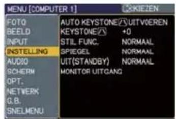MENU [COMPUTER 1] FOTO BEELD INPUT INSTELLING AUDIO SCHERM OPT. NETWERK G.B. SNELMENU AUTO KEYSTONE/UITVÖREREN KEYSTONE/23 +0 STIL FUNC. NORMAAL SPIEGEL NORMAAL UIT(STANDBY) NORMAAL MONITOR UITCANG