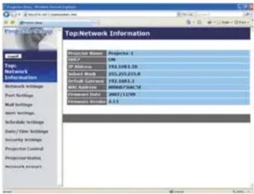 Top-Network Information Project Name Projector-1 CBLP C48 IP Address 192.168.1.10 Subject Mesh 255.255.253.0 Default Gateway 192.168.1.1 BAC Address 800087/SAC*6 Firmware Data 2007/11/09 Firmware Version 2.1.2
