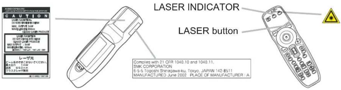AUDIO EXPOSURE LASER INDICATOR LAJER RADIATOR DO NOT TO BE VENTED BY REM MAX. OUTRPT: 1mW WAVE LANDING 950nm CLASS2 LASER PRODUCT LAJER RADIATOR DO NOT TO BE VENTED BY REM CLASS2 LASER PRODUCT MAX OUTPUT: 1mW WAVE LANDING 950nm MAX OUTPUT: 1 mW / 1000 x 1 mW / 1000 x 2 mW レーザ光 ビームをそのささこまないください。 最大出力: 1 mW 通長: 650 nm ラスミレーザ驱动 第4-48821197788 LASER INDICATOR LASER button Complies with 21 CFR 1040.10 and 1040.11. SMK CORPORATION 6-5-5 Togoshi Shinagawa-ku, Tokyo, JAPAN 142-8511 MANUFACTURED June 2002 PLACE OF MANUFACTURER: A