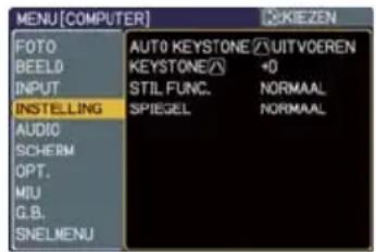 MENU[COMPUTER] FOTO BEELD INPUT INSTELLING AUDIO SCHERM OPT. MIU G.B. SNELMENU AUTO KEYSTONE △UITVOEREN KEYSTONE(√) <0 STIL FUNC. NORMAAL SPIEGEL NORMAAL